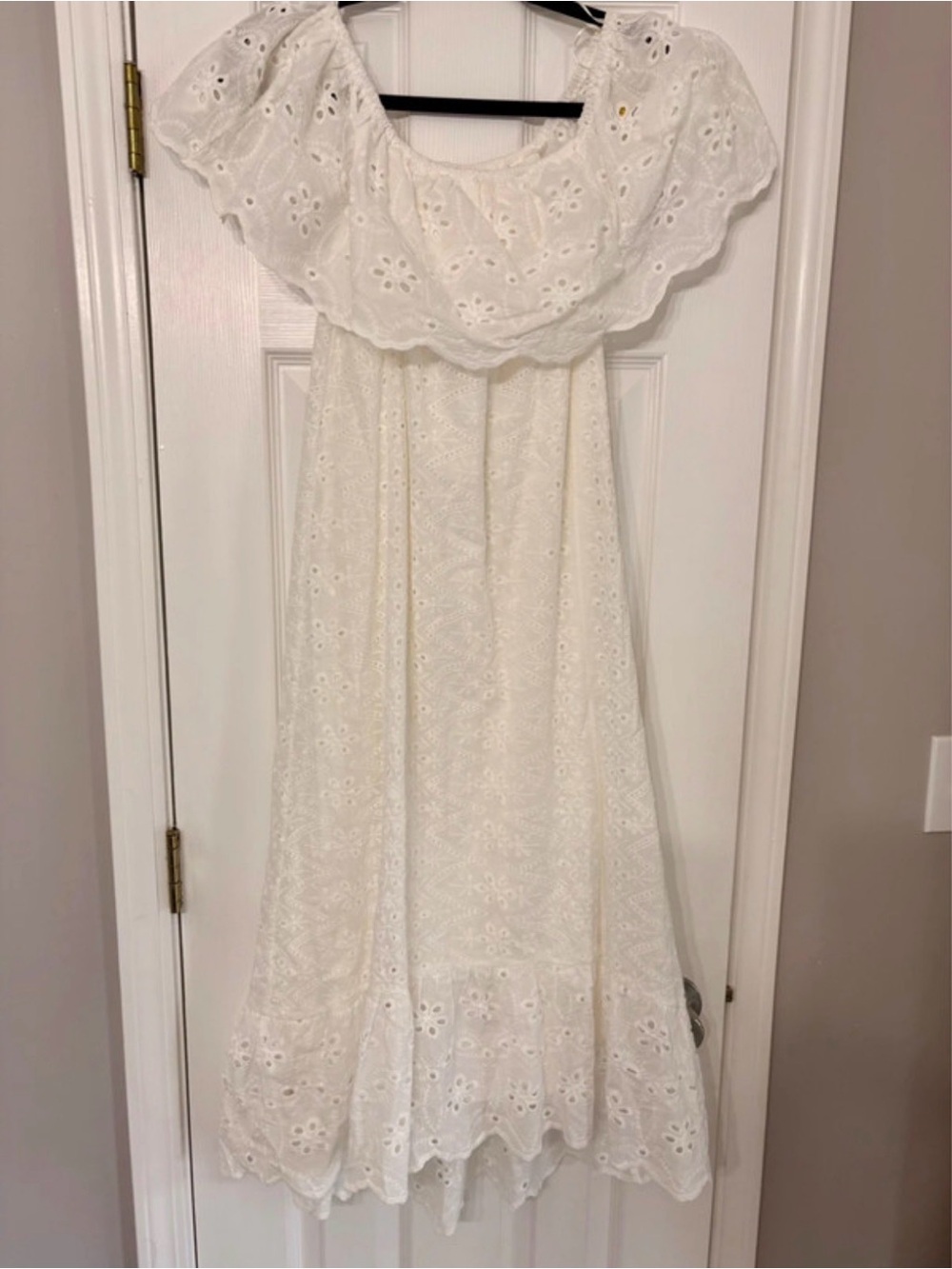 Umgee White Eyelet Maxi Dress with Off-Shoulder Ruffle